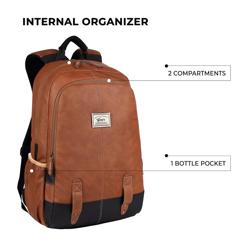 Gear Classic 20L Small Faux Leather Water Resistant Anti Theft 3 Compartment Laptop Backpack/Office Backpack for Men/Women (Tan-Black) - Image 3