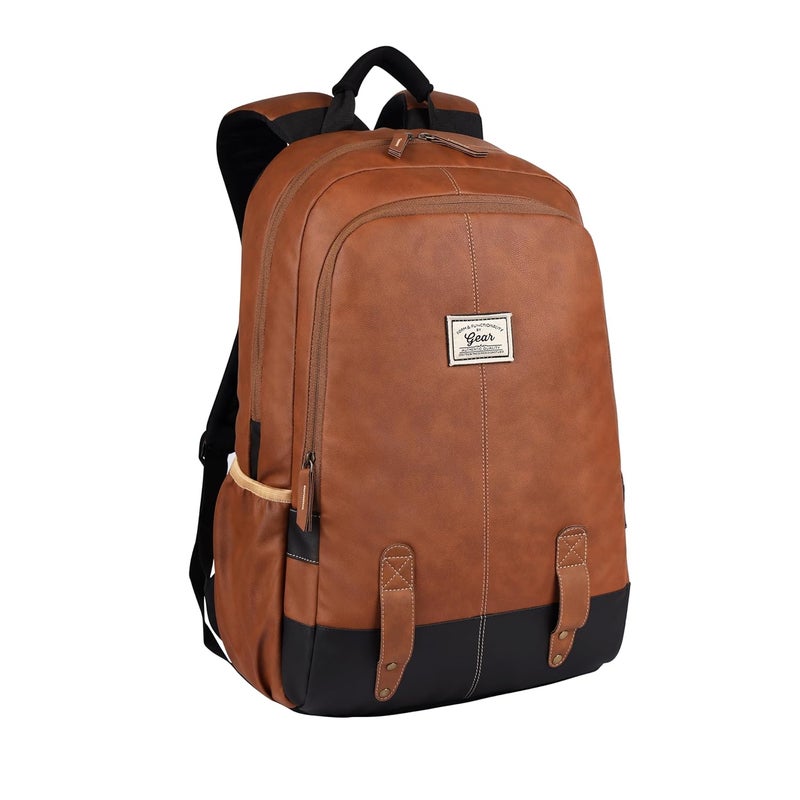 Gear Classic 20L Small Faux Leather Water Resistant Anti Theft 3 Compartment Laptop Backpack/Office Backpack for Men/Women (Tan-Black) - Image 1