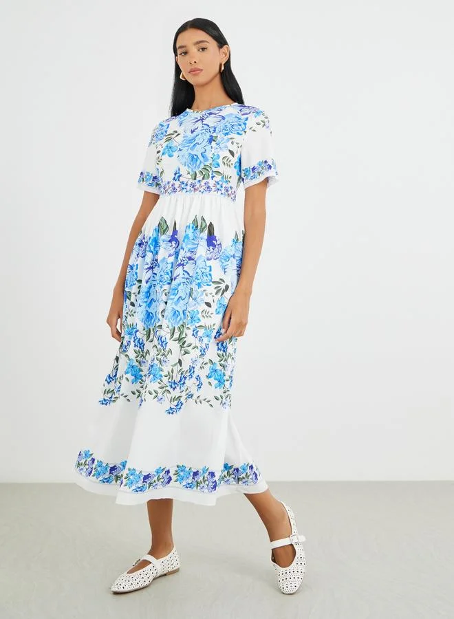 Take Two Take Two Floral Print Short Sleeve Midi Dress
