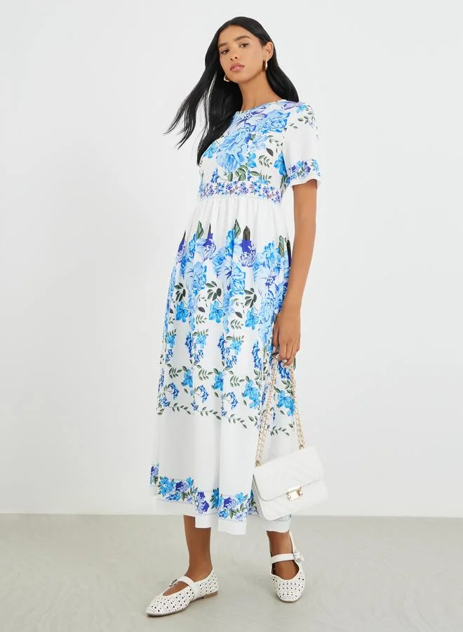 Take Two Take Two Floral Print Short Sleeve Midi Dress