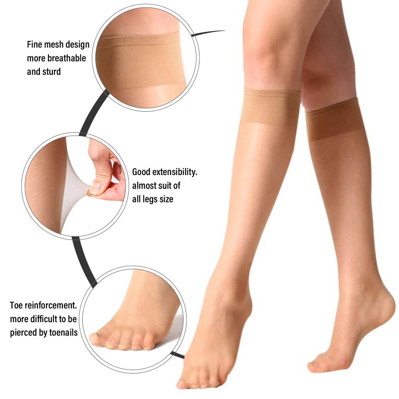 MANZI 12 Pairs Knee High Stockings Sheer Pantyhose for Women Natural - Image 2