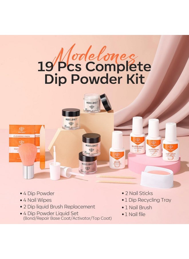 modelones - Modelones Dip Powder Nail Kit, 4 Colors Nude Pink Glitter Dipping Starter Set with Liquid and Complete Accessories for French Nails Art Salon DIY at Home Manicure - Image 1