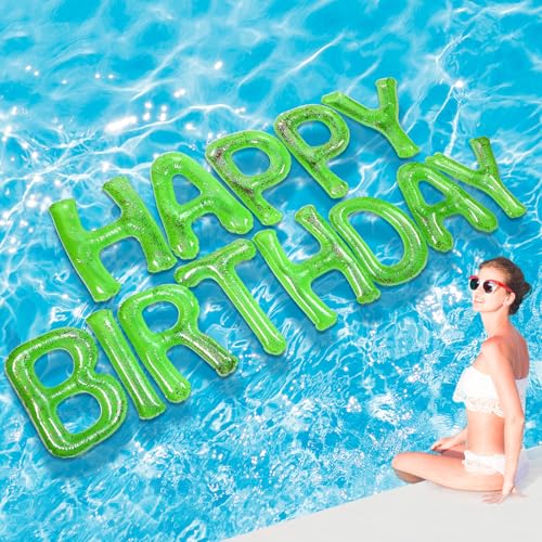 Shappy Green 20 Happy Birthday Pool Large Floating Letter Balloons with Adhesive Dots Inflatable Pool Decorations for Summer Birthday Party Sequins - Image 1