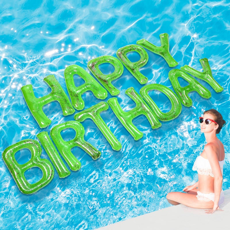Shappy Green 20 Happy Birthday Pool Large Floating Letter Balloons with Adhesive Dots Inflatable Pool Decorations for Summer Birthday Party Sequins - Image 2