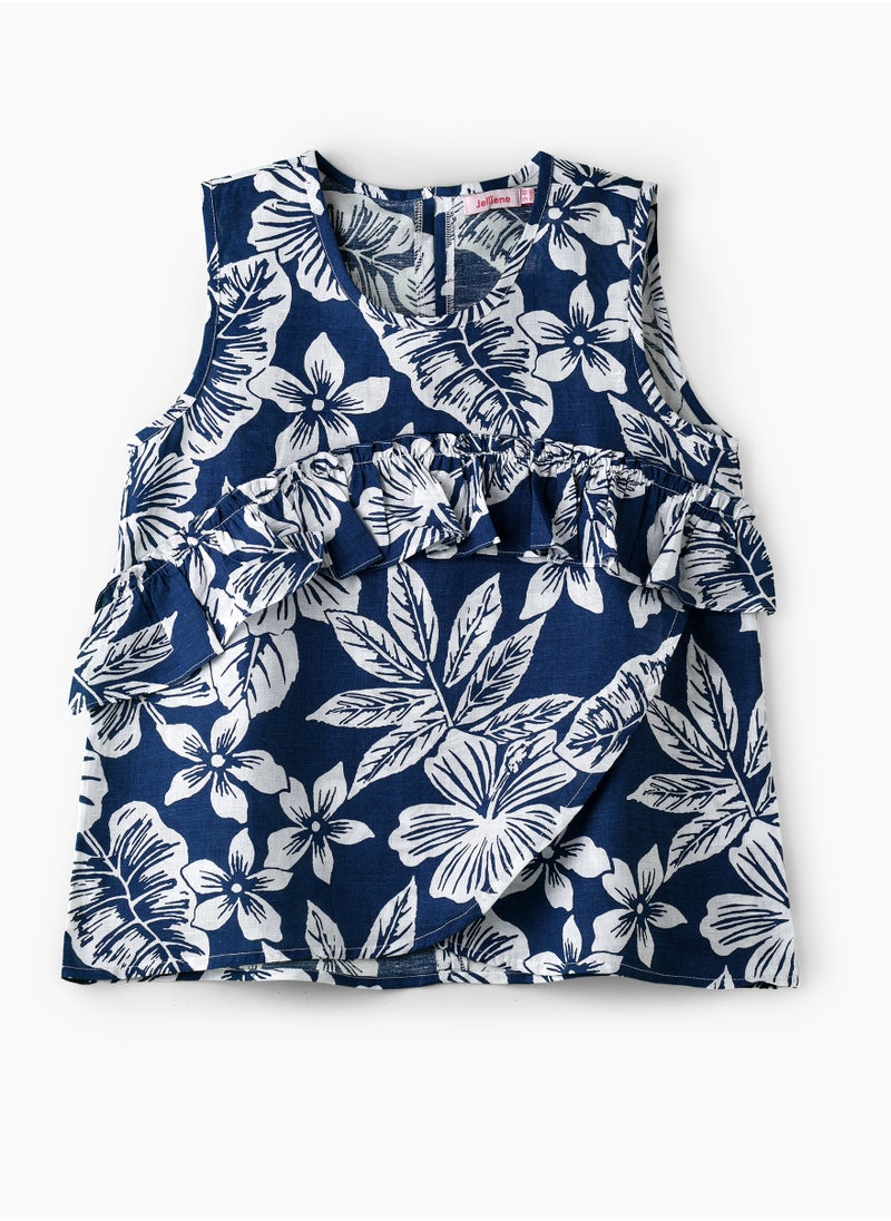 Jelliene Girls' Blue Floral Sleeveless Ruffled Top  - Image 1
