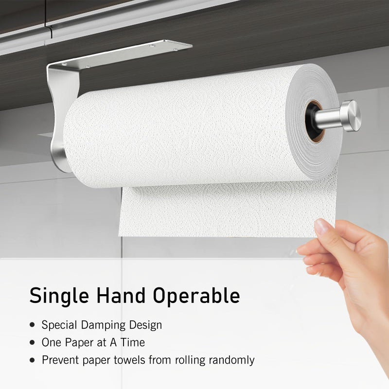 SetSail Paper Towel Holder Under Cabinet Single Hand Operable with Adjustable Damper Easy Tear Paper Towel Holder Wall Mount for Kitchen Bathroom, Adhesive or Screw, Silver - Image 3