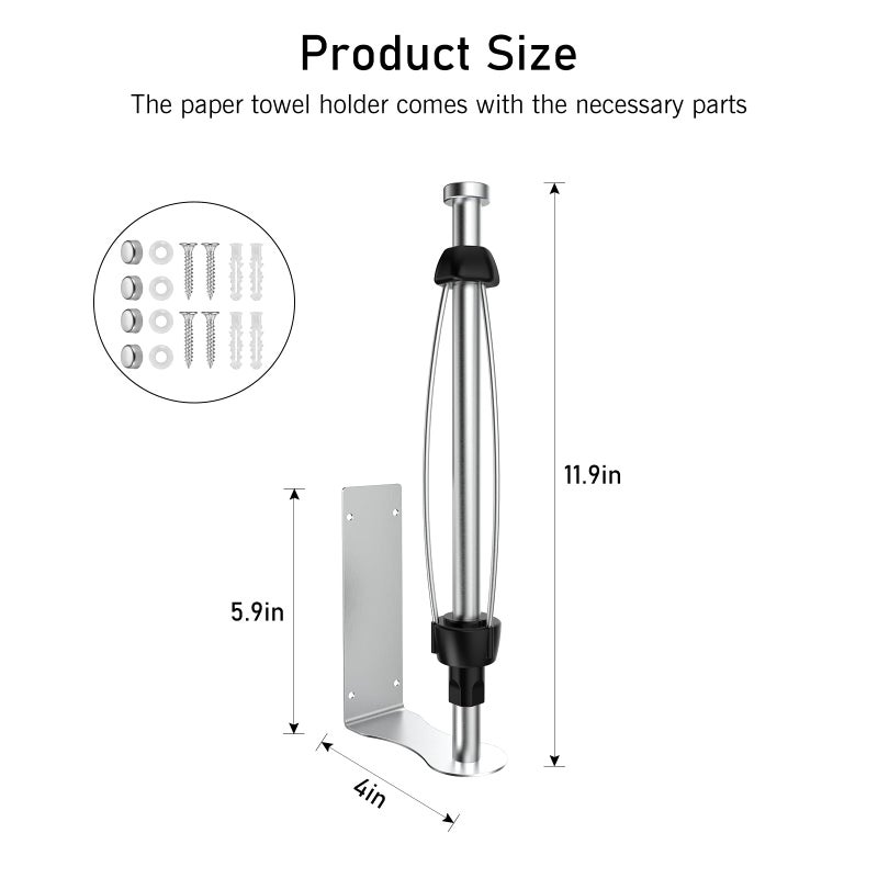 SetSail Paper Towel Holder Under Cabinet Single Hand Operable with Adjustable Damper Easy Tear Paper Towel Holder Wall Mount for Kitchen Bathroom, Adhesive or Screw, Silver - Image 2