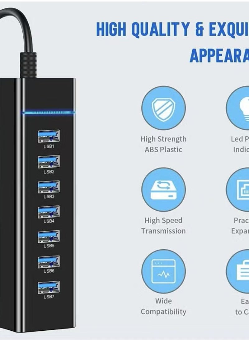 USB Hub 3.0, 7 Ports USB Charging Extender Data Hub Splitter Extension, Suitable for laptops, PCs, computers, USB devices Super compatible, 5Gbps data transfer speed  - Image 2