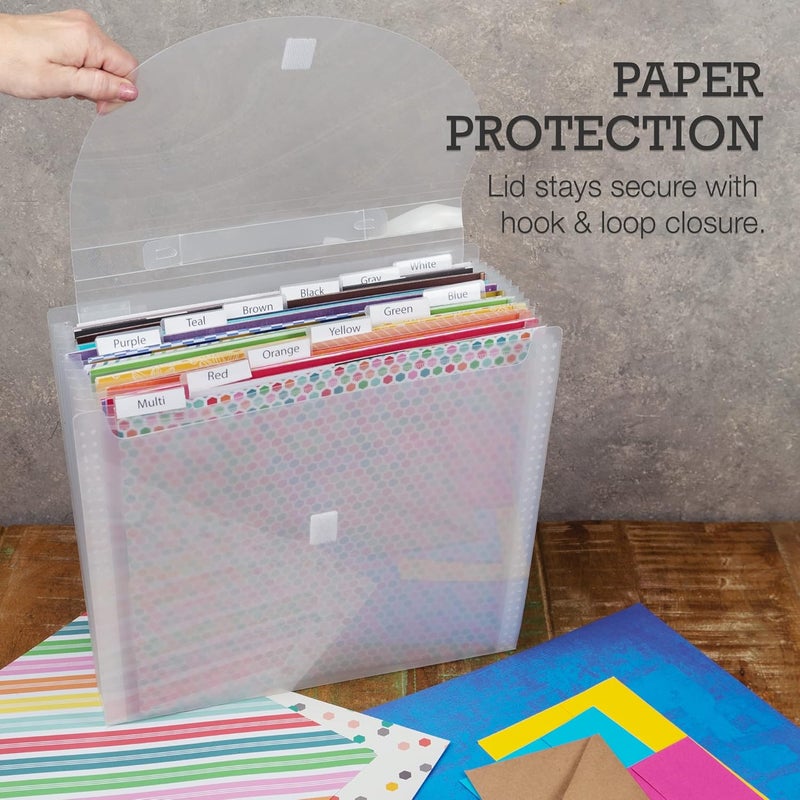 Samsill Expandable Paper Storage Organizer 12 Pockets with Tabs Holds 12x12 Inch Scrapbook Paper Vinyl Paper Clear Secure Flap Closure Retractable Handle - Image 5