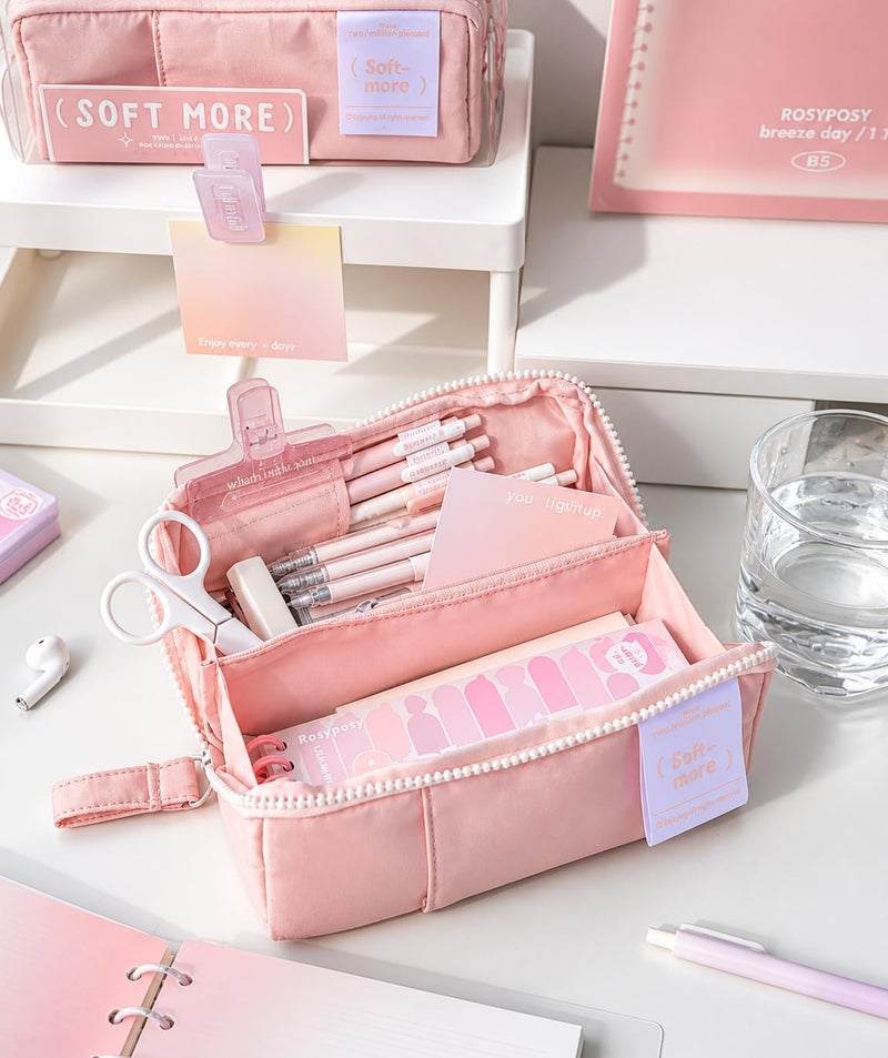 Invite Enterprise Invite Multi-Functional Soft Pencil Case for Girls – Large Capacity Zipper Pouch with Multiple Compartments – Aesthetic Stationery Organizer for School, College & Office (Soft More-Pink Pouch) - Image 2
