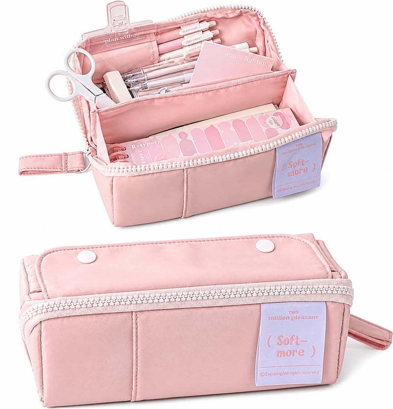 Invite Enterprise Invite Multi-Functional Soft Pencil Case for Girls – Large Capacity Zipper Pouch with Multiple Compartments – Aesthetic Stationery Organizer for School, College & Office (Soft More-Pink Pouch) - Image 1