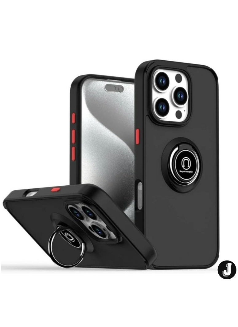 JAJEEK iPhone 16 Pro Case Cover – Black Matte Shockproof Bumper with Metal Ring Holder Kickstand & Car Magnetic Mount - Image 1
