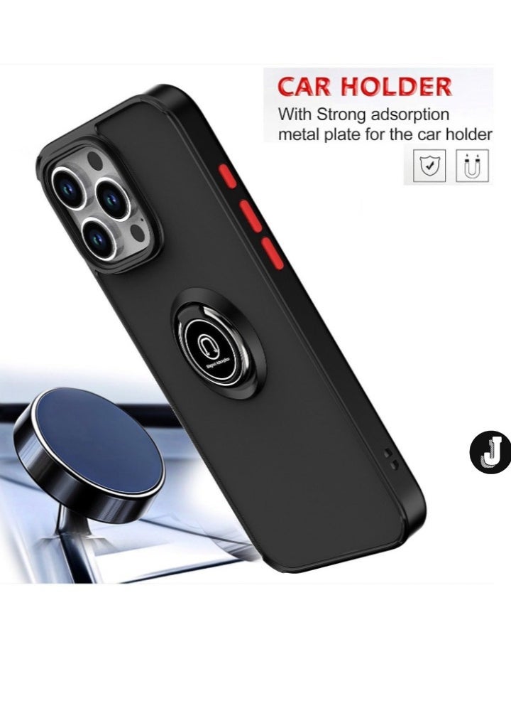 JAJEEK iPhone 16 Pro Case Cover – Black Matte Shockproof Bumper with Metal Ring Holder Kickstand & Car Magnetic Mount - Image 3