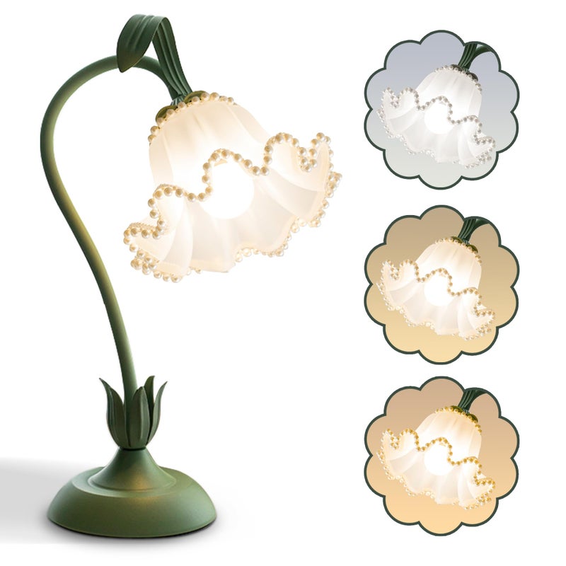 AQDZCNF Flower Table Lamp,LED Reading Light Bedside Vintage Flower Night Light,3 Colors Modes Kawaii Bedside Lamps Decor,Living Room Bedroom Room Lighting Table Lamps Home Decoration (Green Pearls) - Image 1