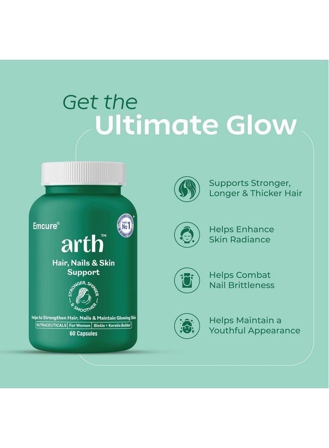 Arth Hair, Nails & Skin Support | Biotin Capsules for Hair Growth with Keratin Builder & Essential Vitamins| Hair Regrowth Supplement |Biotin Supplement | Emcure Pharmaceuticals Ltd. | 60 Veg Capsules - Image 2