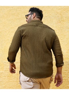 Instafab Plus Men's Olive Green Self-Design Striped Shirt  - Image 4
