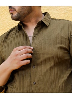 Instafab Plus Men's Olive Green Self-Design Striped Shirt  - Image 5