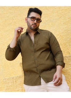 Instafab Plus Men's Olive Green Self-Design Striped Shirt  - Image 2