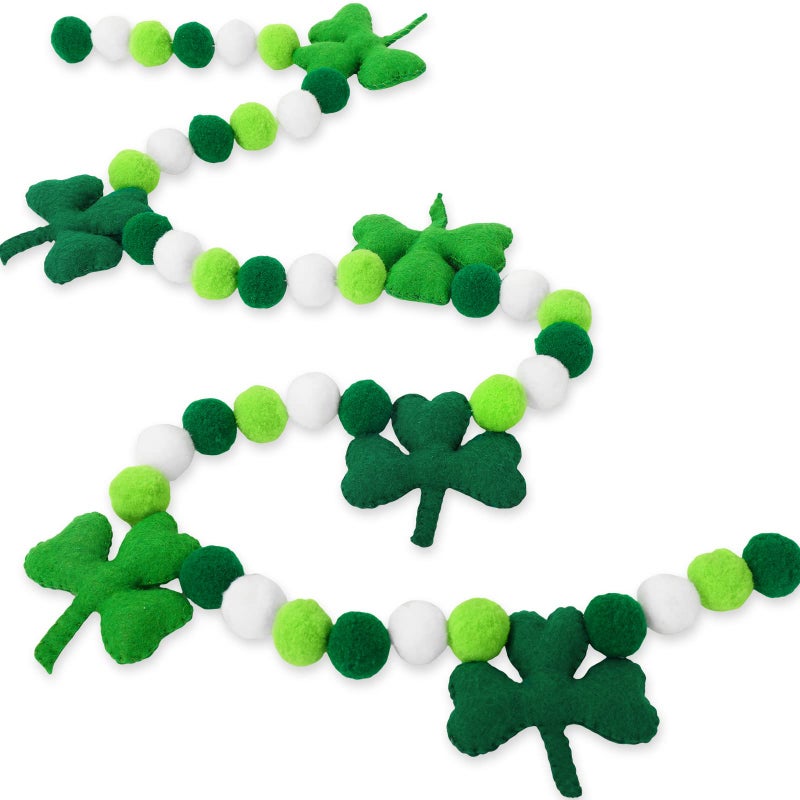 Whaline 82Ft St Patricks Day Felt Pom Banner Lucky Shamrock Garland Green White Ball Clover Decorative Irish Hanging Bunting for Home Mantel Wall Decor