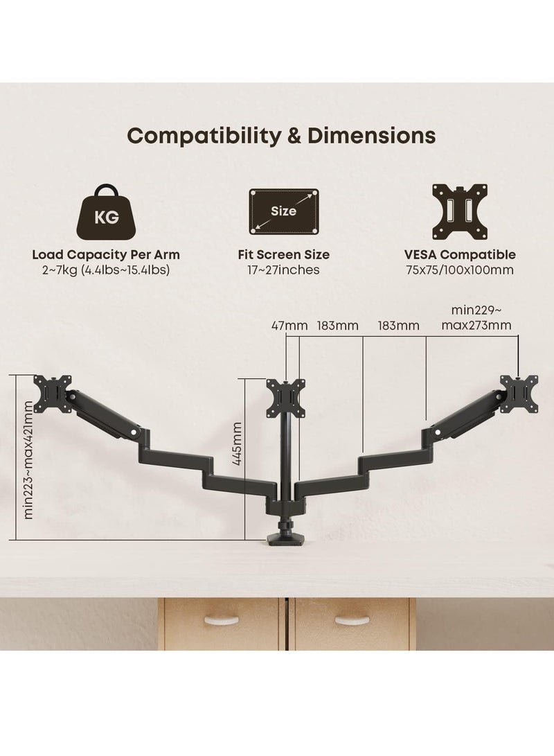 ELTRAZONE 3 PC Monitor Stand – Premium Aluminum Ergonomic Gas Spring Arm for Triple Screens (17-27"), Height Adjustable, Tilt & Swivel, Desk Mount, Supports Up to 7kg per Arm - Image 5
