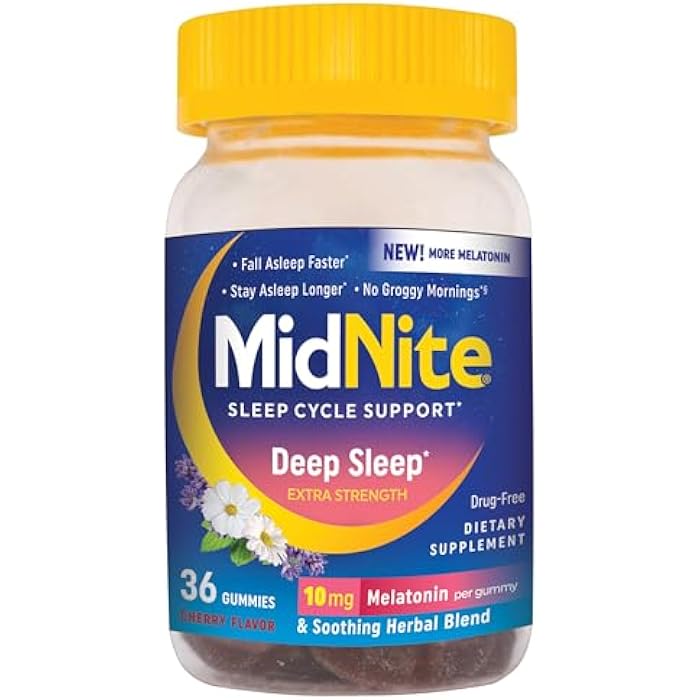 MidNite Deep Sleep Extra Strength, 10 mg Melatonin Sleep Aid, Non-habit Forming, Herbal Dietary Supplement For Adults, Drug-free, Gluten-free, Lactose-free, Vegetarian-friendly, 36 Gummies - Image 1