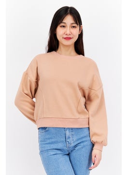 Women Round Neck Long Sleeve Plain Sweatshirt, Brown