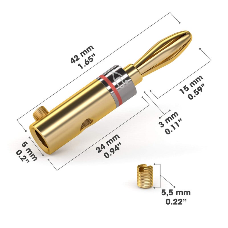 KabelDirekt – Banana Plugs – 5 Pairs (for Speaker Wire, AWG 10-16, Allow Flexible Connection to Speakers, amplifiers, A/V receivers, Power amplifiers & Stereo Systems, Fixing Screws, Gold Plated) - Image 3