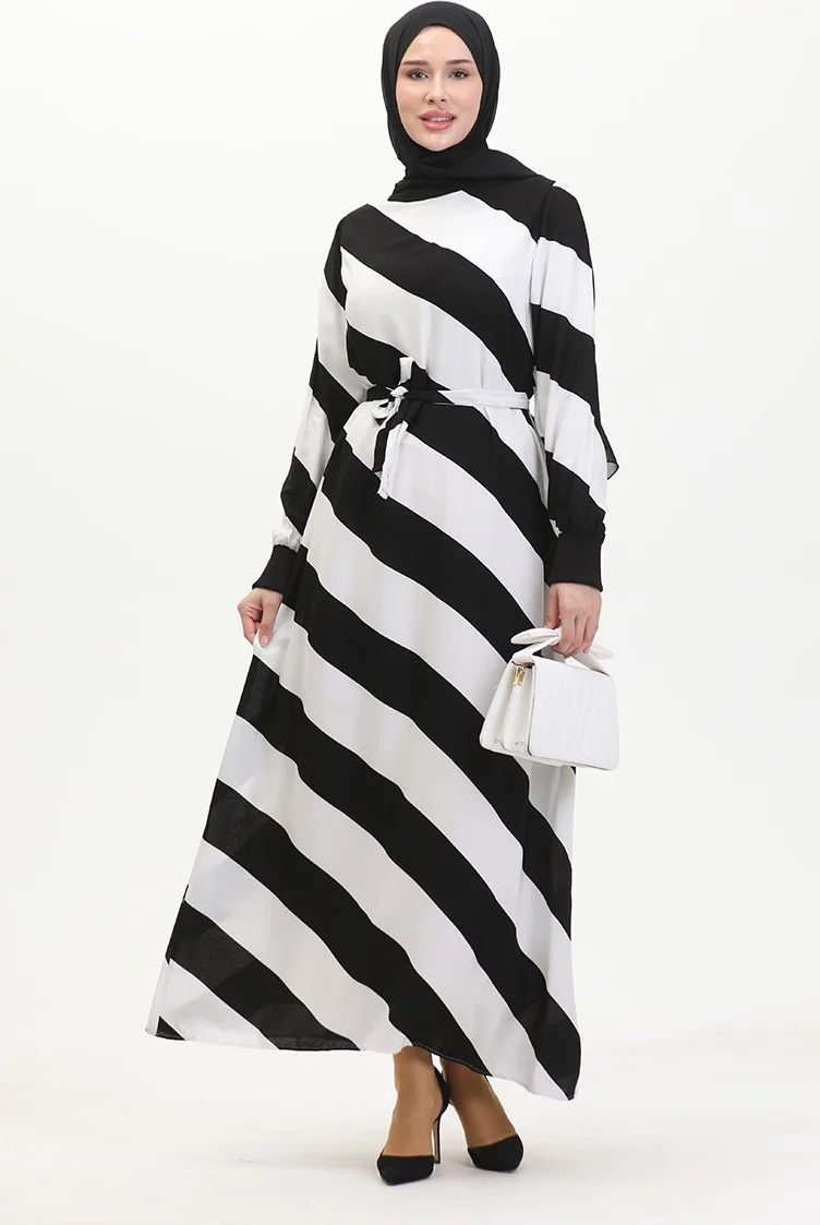 Sefa Merve Geometric Patterned Belted Viscose Dress 0460-03 Black White