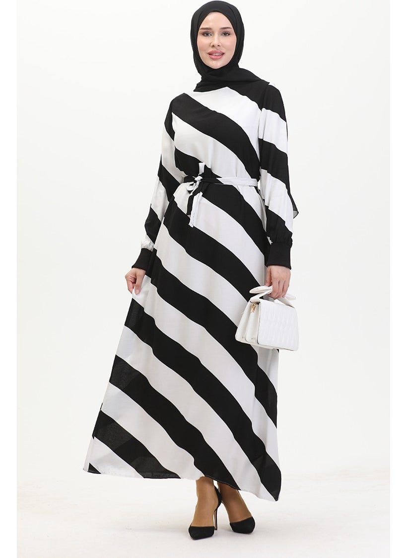 Sefa Merve - Geometric Patterned Belted Viscose Dress 0460-03 Black White - Image 1