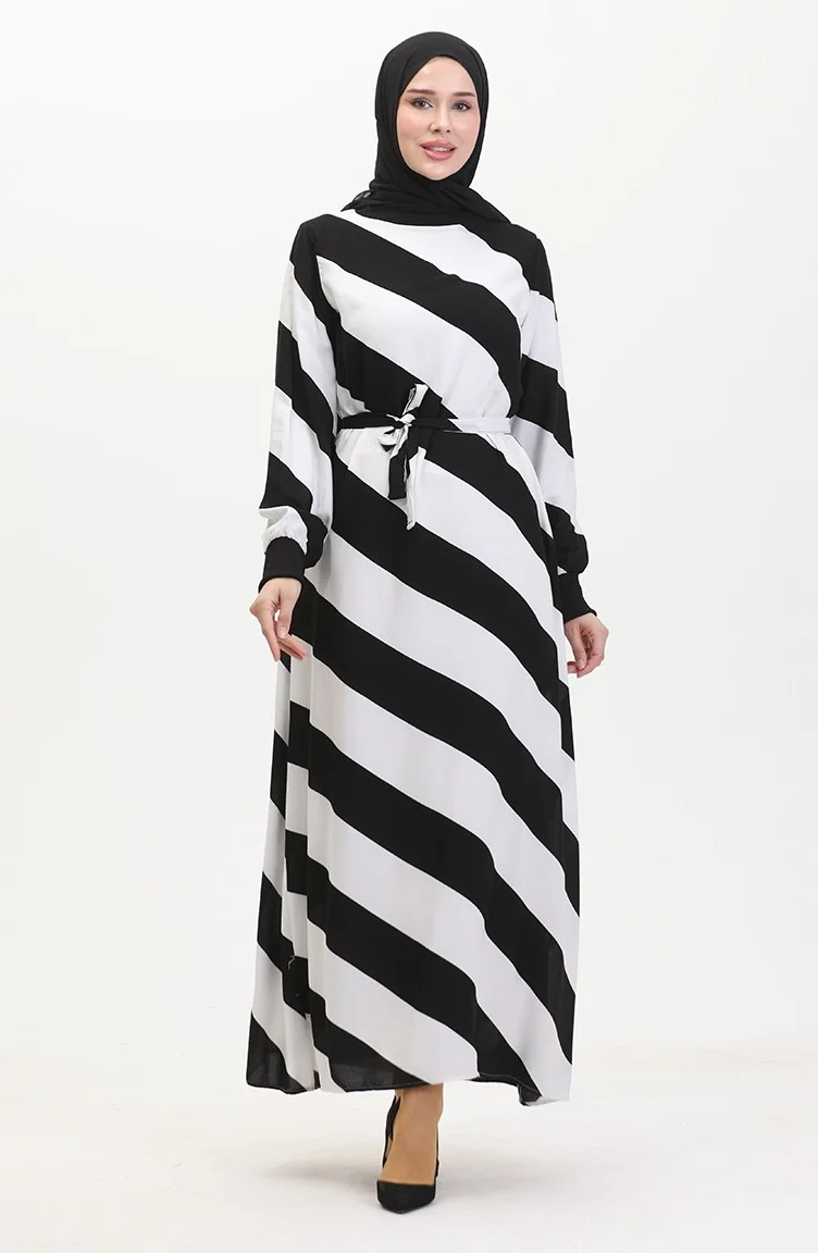 Sefa Merve Geometric Patterned Belted Viscose Dress 0460-03 Black White