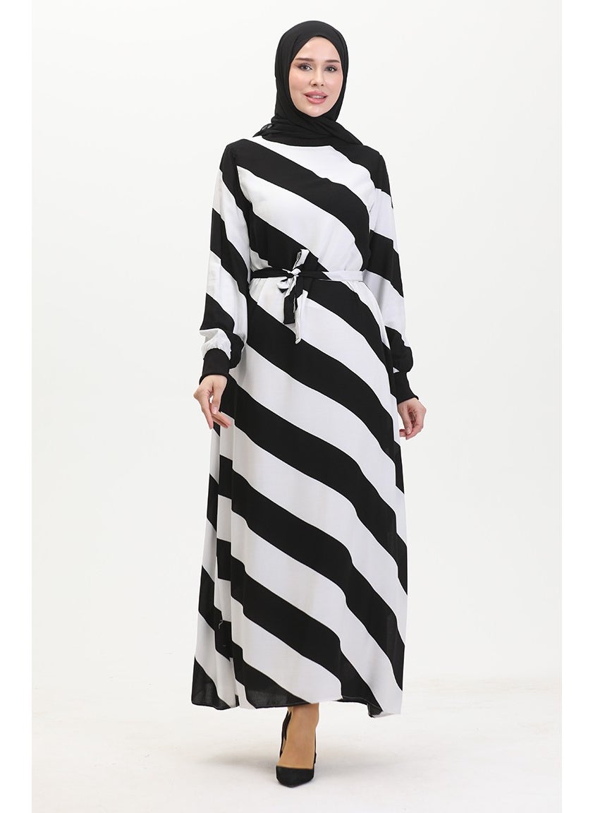 Sefa Merve - Geometric Patterned Belted Viscose Dress 0460-03 Black White - Image 1