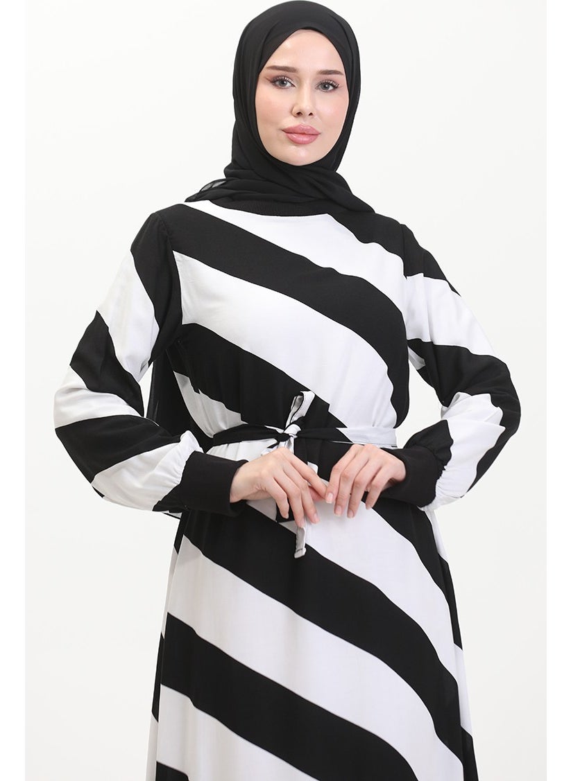 Sefa Merve - Geometric Patterned Belted Viscose Dress 0460-03 Black White - Image 1