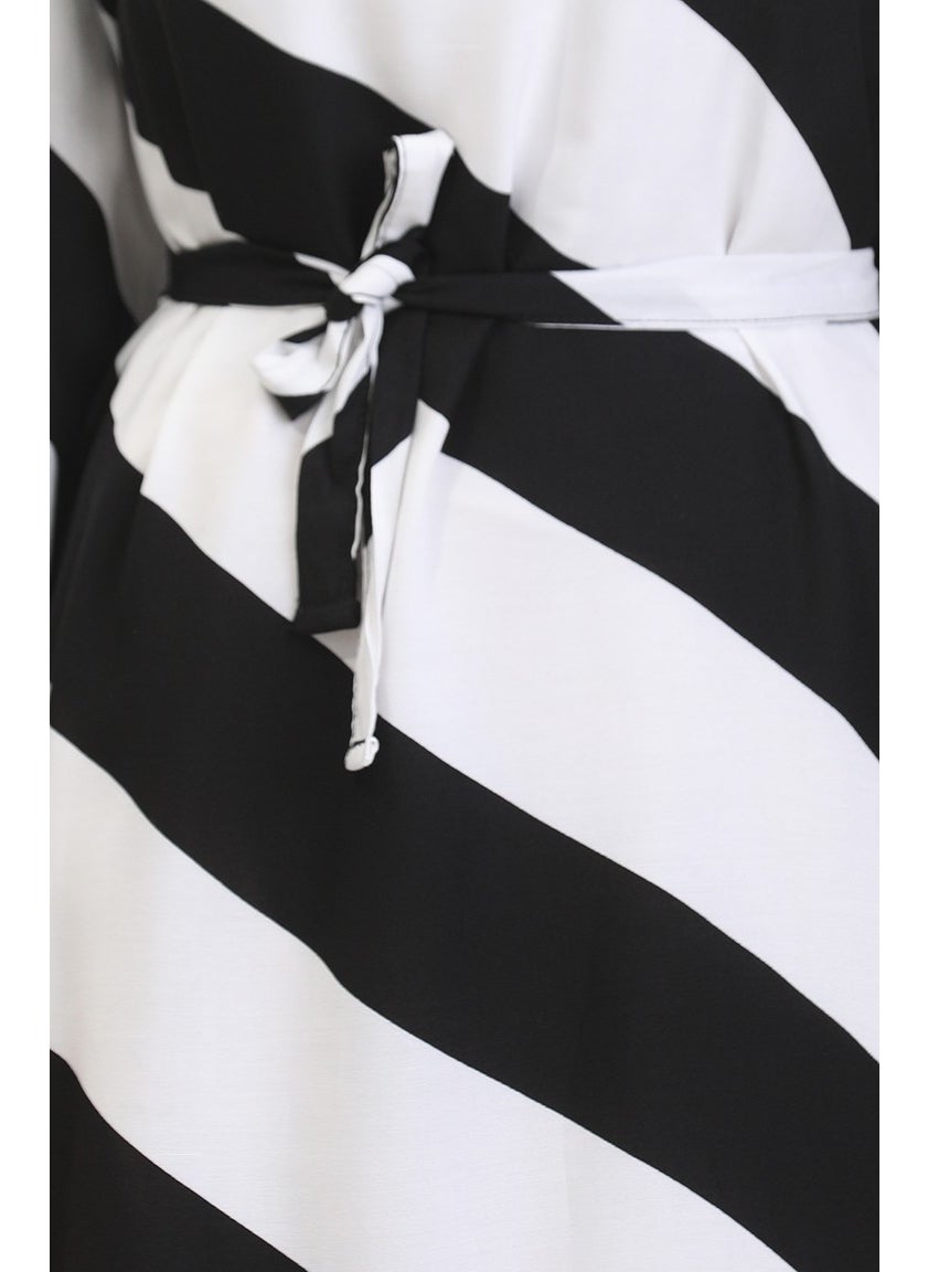 Sefa Merve - Geometric Patterned Belted Viscose Dress 0460-03 Black White - Image 1