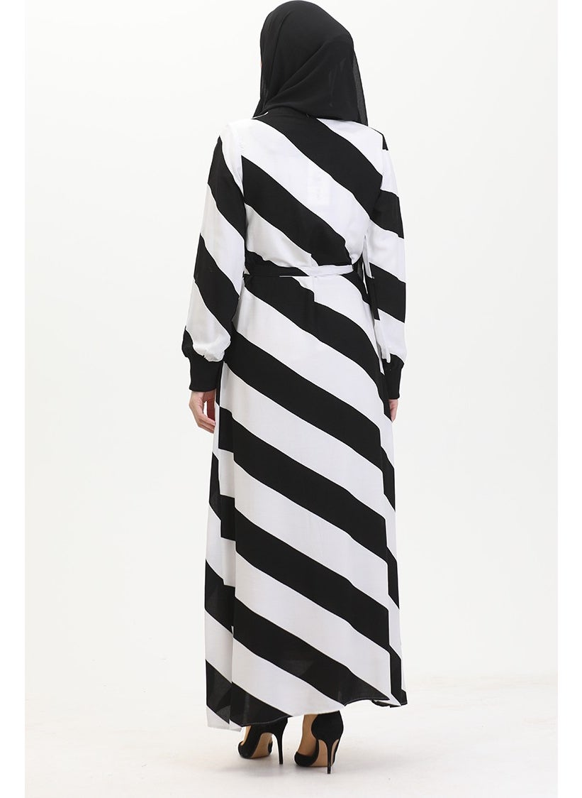 Sefa Merve - Geometric Patterned Belted Viscose Dress 0460-03 Black White - Image 1