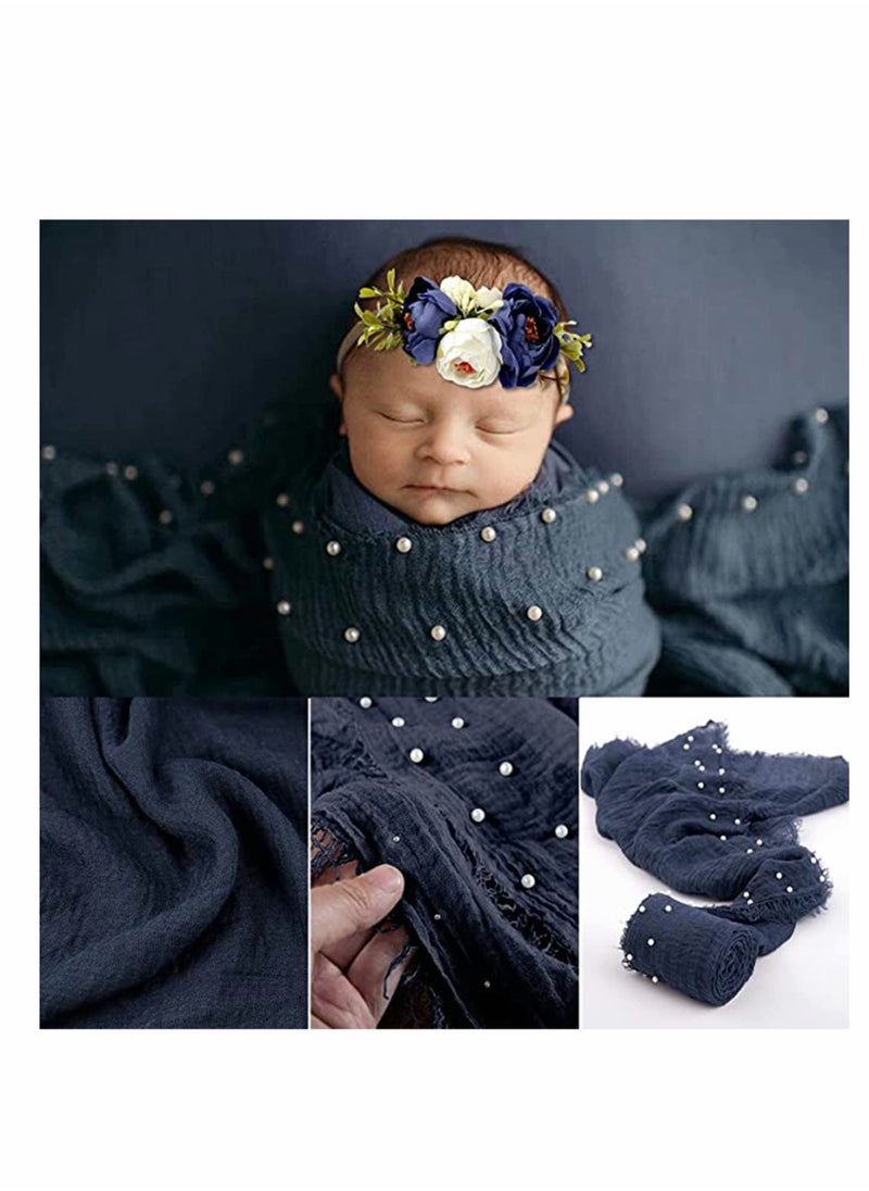 Generic - Newborn Photography Props Set, 4 Pcs Baby Long Ripple Wrap and Toddler Swaddle Blankets with Headbands for Infants, Ideal for Studio Photo Sessions (Dark Blue) - Image 1