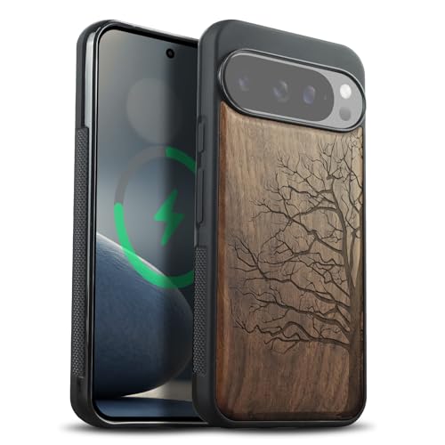 Carveit Magnetic Wooden Case for Pixel 10 Pro Google 10 Pro Case, Wood Artisan Engraved & Soft TPU Shockproof Cover, Compatible with MagSafe Wireless Chargers (The Bare Tree) Walnut - Image 1