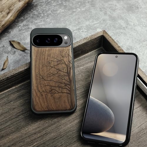 Carveit Magnetic Wooden Case for Pixel 10 Pro Google 10 Pro Case, Wood Artisan Engraved & Soft TPU Shockproof Cover, Compatible with MagSafe Wireless Chargers (The Bare Tree) Walnut - Image 5
