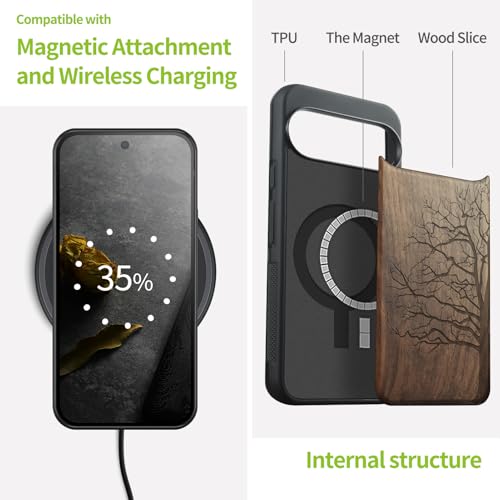 Carveit Magnetic Wooden Case for Pixel 10 Pro Google 10 Pro Case, Wood Artisan Engraved & Soft TPU Shockproof Cover, Compatible with MagSafe Wireless Chargers (The Bare Tree) Walnut - Image 4