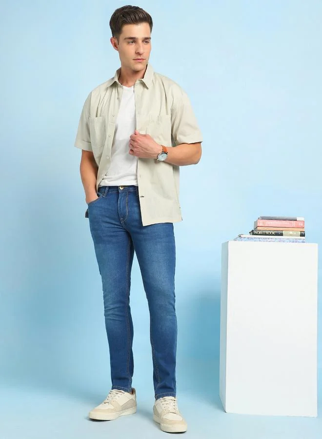 Men's Indigo Cotton Blend Solid Pattern Full Length Slim Fit Jeans