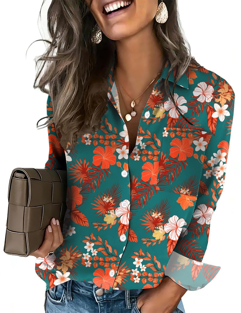 HOTOUCH Hawaiian Shirt for Womens Button Up Long Sleeve Blouse Green Hawaii Printed Beach Vacation Blouse S - Image 2