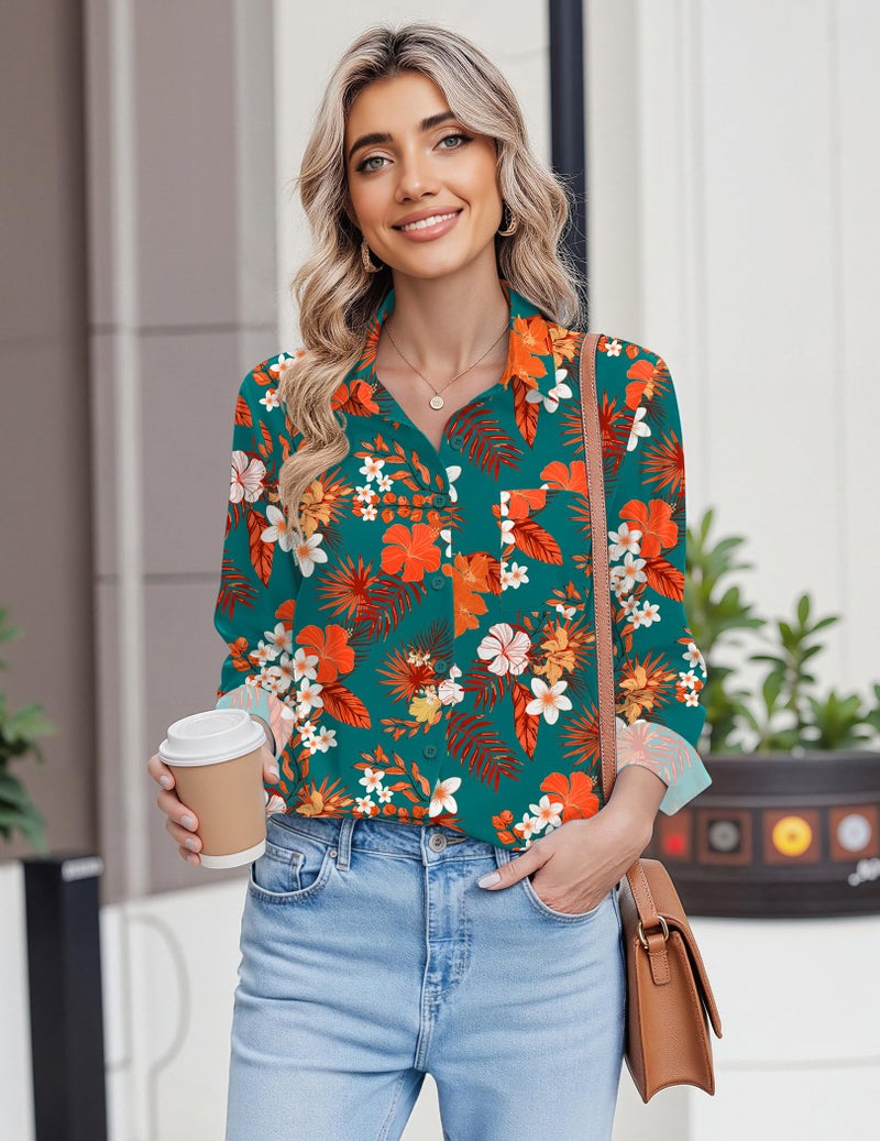 HOTOUCH Hawaiian Shirt for Womens Button Up Long Sleeve Blouse Green Hawaii Printed Beach Vacation Blouse S - Image 3