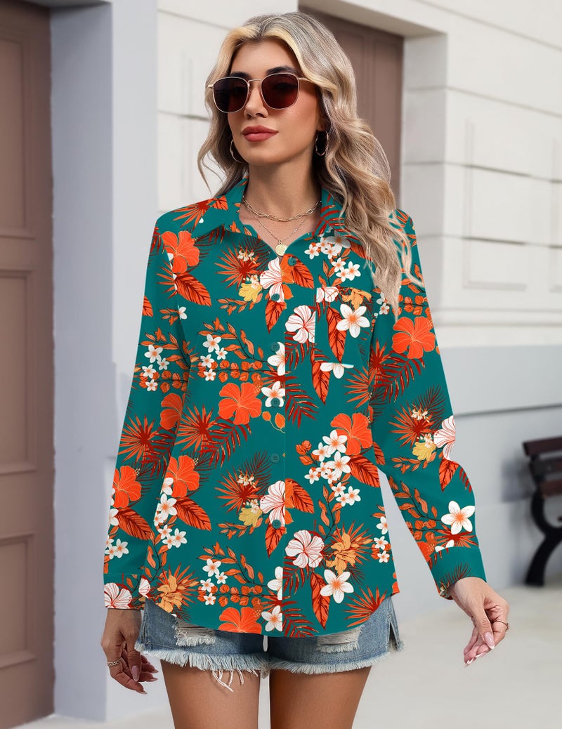 HOTOUCH Hawaiian Shirt for Womens Button Up Long Sleeve Blouse Green Hawaii Printed Beach Vacation Blouse S - Image 5