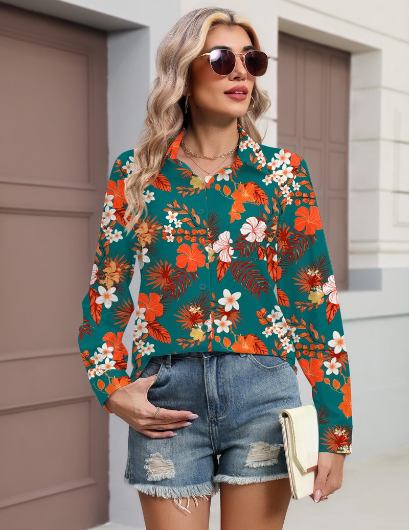 HOTOUCH Hawaiian Shirt for Womens Button Up Long Sleeve Blouse Green Hawaii Printed Beach Vacation Blouse S - Image 4