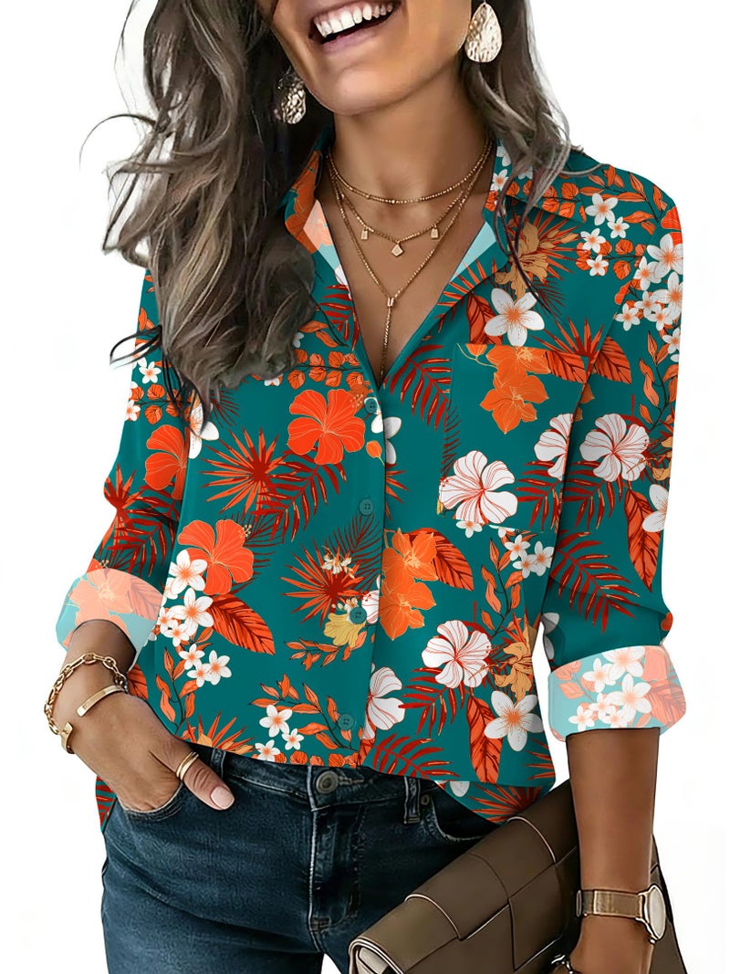 HOTOUCH Hawaiian Shirt for Womens Button Up Long Sleeve Blouse Green Hawaii Printed Beach Vacation Blouse S - Image 1