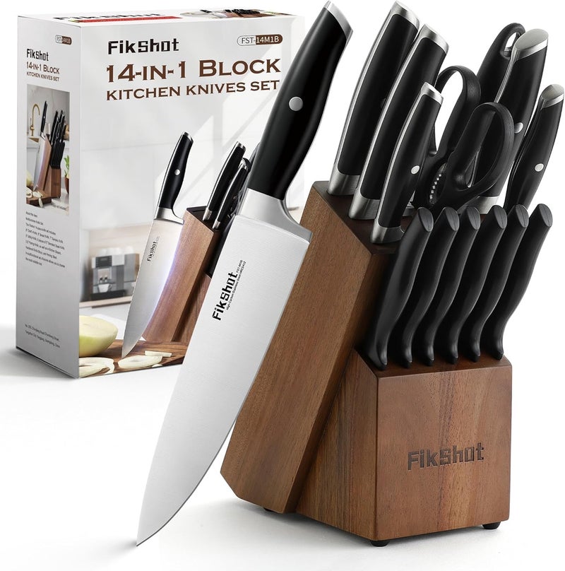 Fikshot Knife Set – German Stainless Steel, Ultra-Sharp, 14-Piece with Knife Block & Sharpener, Full Tang Black Handle, Rust-Resistant, Dishwasher-Safe for Kitchens, Gift for Chefs - Image 1