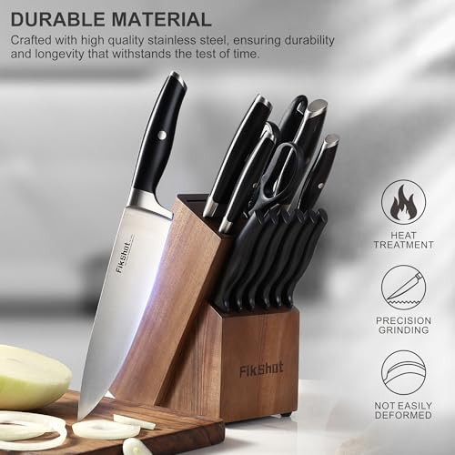 Fikshot Knife Set – German Stainless Steel, Ultra-Sharp, 14-Piece with Knife Block & Sharpener, Full Tang Black Handle, Rust-Resistant, Dishwasher-Safe for Kitchens, Gift for Chefs - Image 2