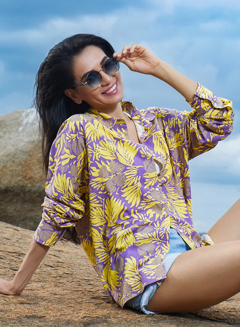 بينيا كولادا Women's Lavender & Lemon Yellow Contrast Foliage Shirt For Casual Wear | Spread Collar | Long Sleeve | Button Closure | Shirt Designed With Comfortable Fit For Woman & Girls