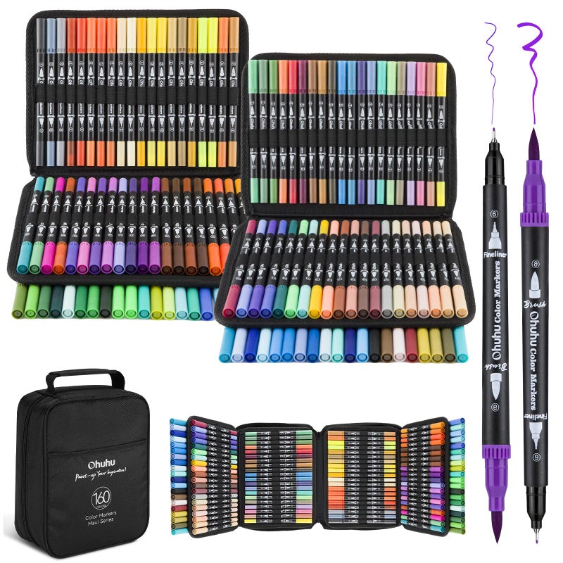 Ohuhu Markers for Adult Coloring Books No Bleeding 160 Colors Water-based Dual Tips Fineliner & Brush Coloring Markers for Kids Adults Beginners Drawing Pens for Journaling Lettering - Maui - Black - Image 1