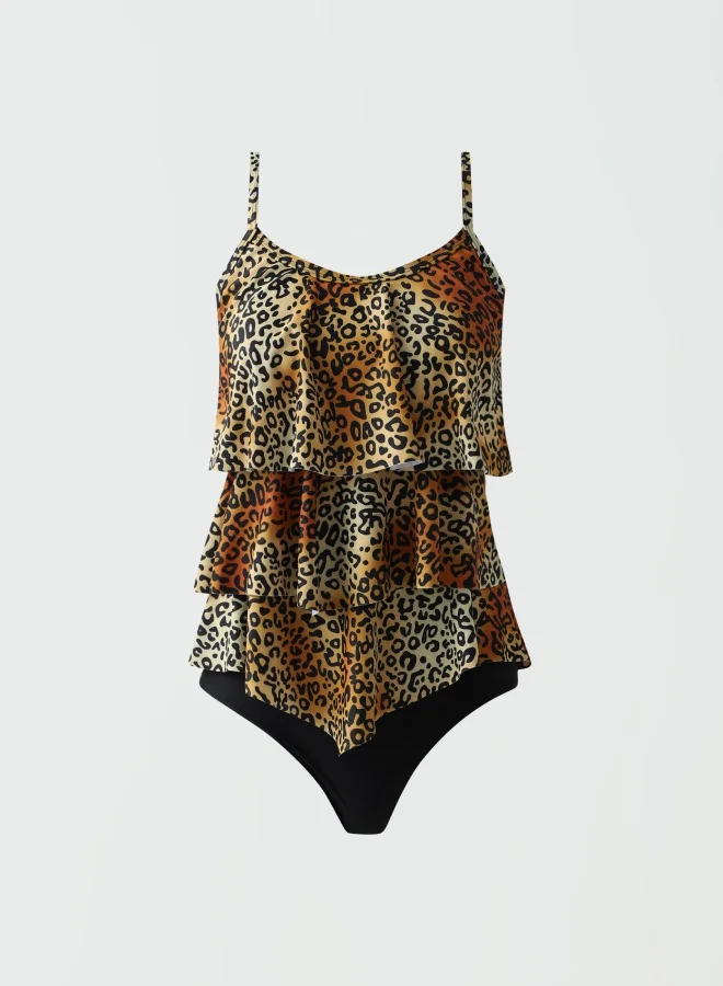 Lilly Bennet Women's Polyester Animal print one-piece swimsuit with ruffles Slim Fit Round Neck Multicoloured