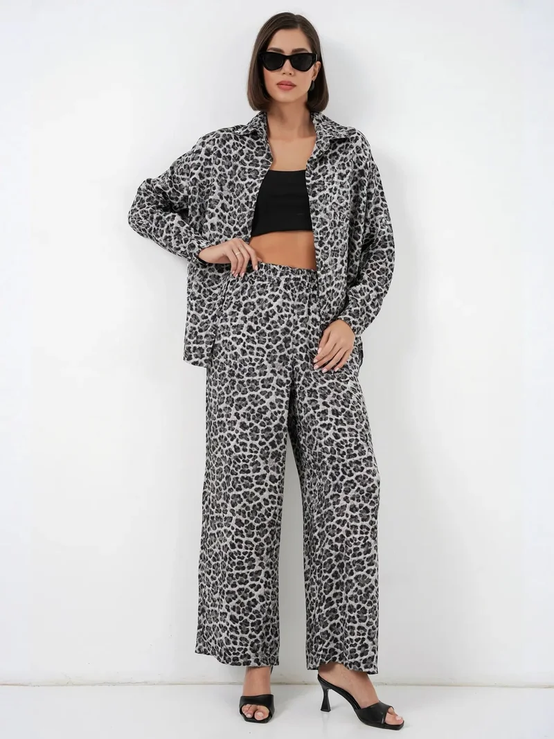 BIG DART BDART Leopard Print Button-Up Shirt and Wide Leg Pants Satin Two-Piece Set